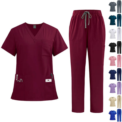 Professional Women's Multi-Pocket Scrub Set
