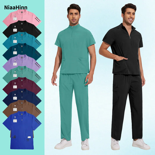 NiaaHinn Men's Stand Zipper-Neck Scrub Set
